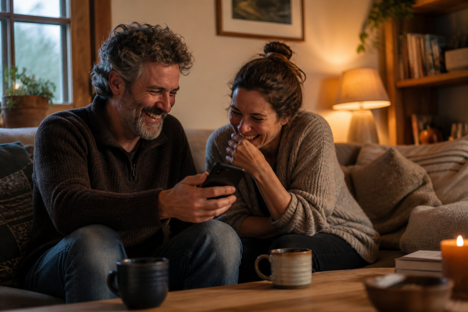 Two people laughing together while one shows the other something on a phone