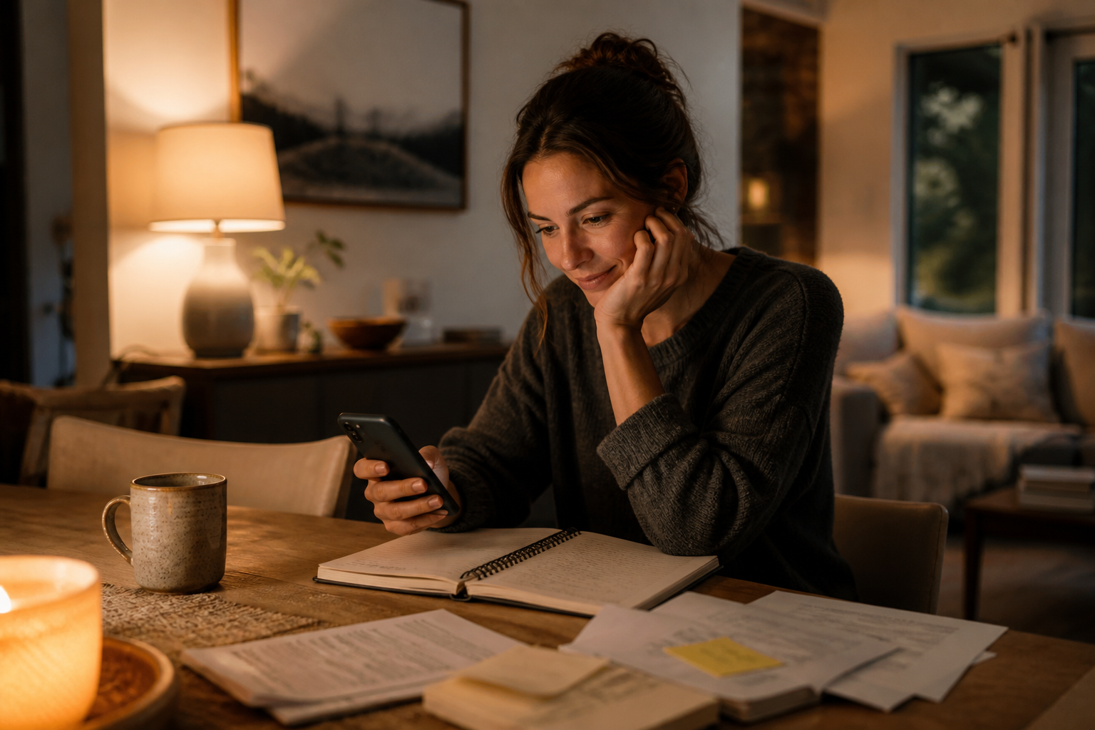 A person thoughtfully working through a problem at home with a phone nearby
